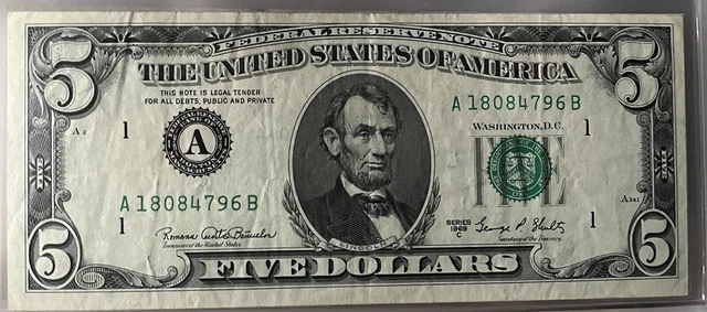 1969 C Five Dollar Federal Reserve Note FRN Series C 5 Dollar Bill US