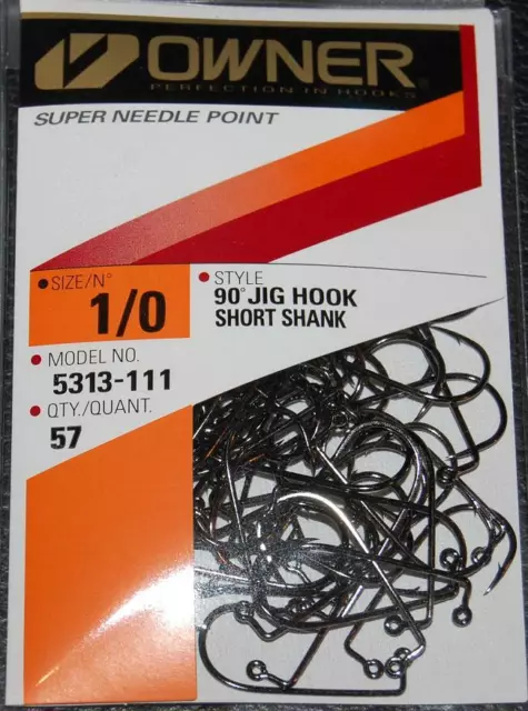 OWNER 90° X Strong Short Shank Jig Hooks 5313-111 Size 1/0 - 57 pack for  molds $22.49 - PicClick