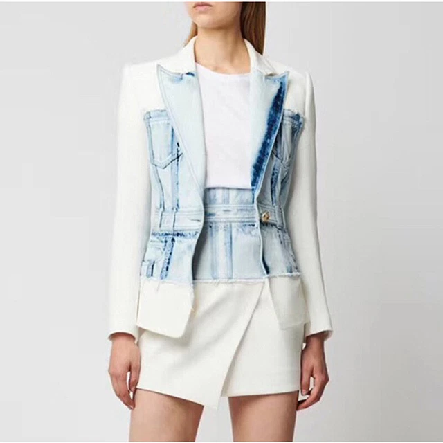 Donna Design Ispirato Jeans Metallo Leone Bottoni Aderente Giacca+Gonna
