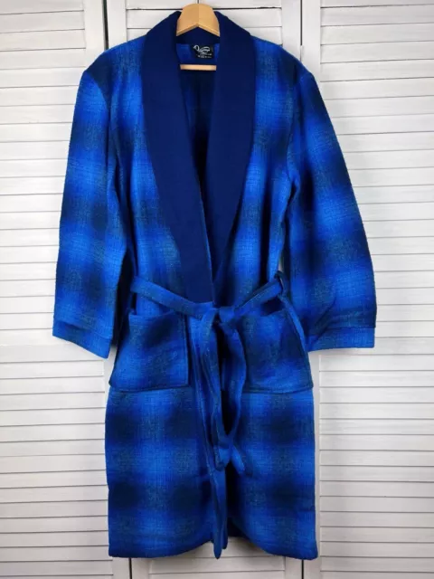 Vintage ONKAPARINGA Retro 60s Wool Check Dressing Gown Unisex Blue Robe Sz M-L