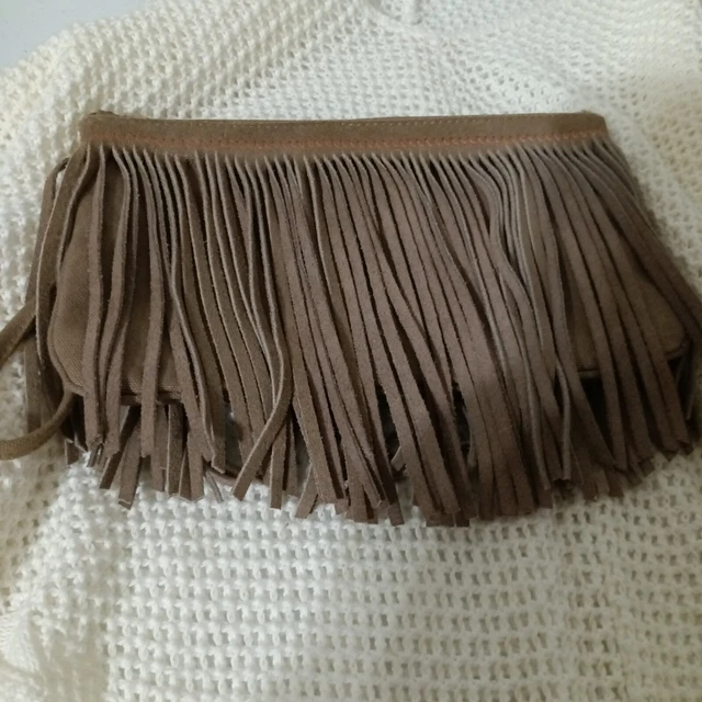 American Eagle  Fringe Trim Suede Small Purse Brown Tan Wristlet Zipper