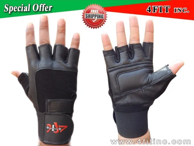 4fit Leather Weight Lifting Gloves Long Wrist Wrap Exercise Training Gym  S-XXL