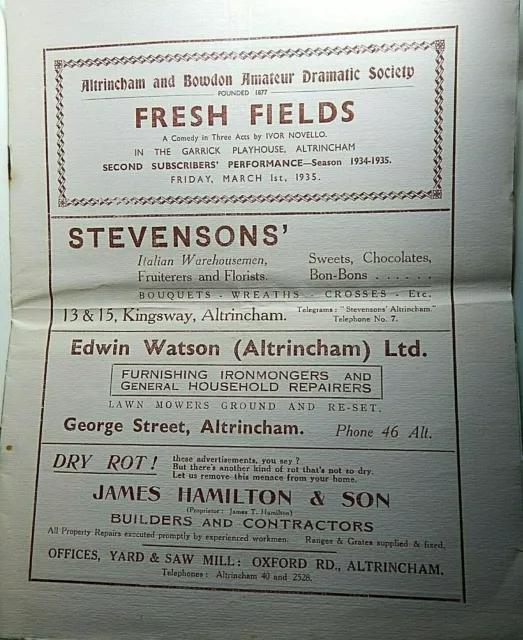 1935 Altrincham Amateur Dramatic Society Programme Garrick Playjhouse