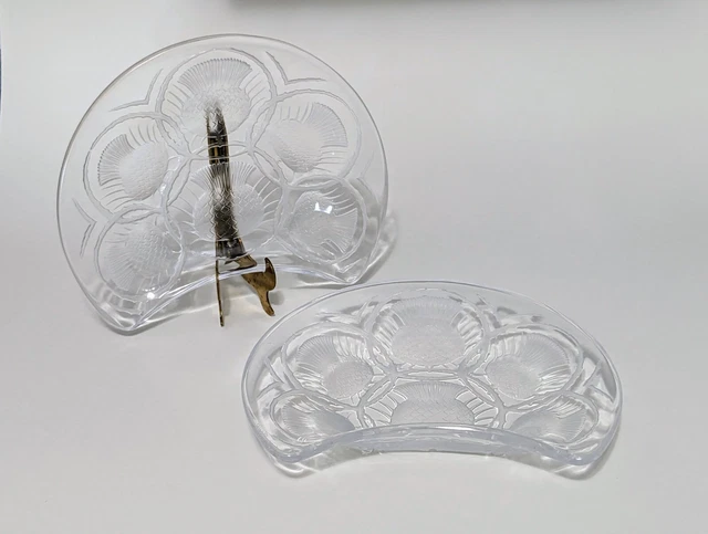 Lalique France Crystal Chardons Thistle Art Pineapples Crescent Plates Pair of 2