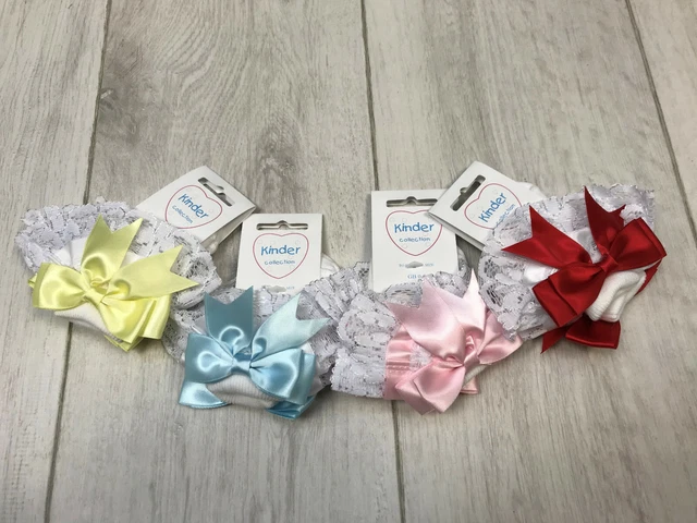 Kinder Girls White Frilly Ankle Sock, Ribbon Double Bow, Pink, Blue, Lemon, Red