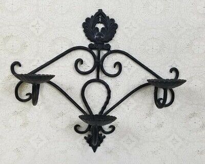 Vintage Heavy Cast Iron 3 Arm Wall Mount Ornate Hanging Sconce Candle Holder