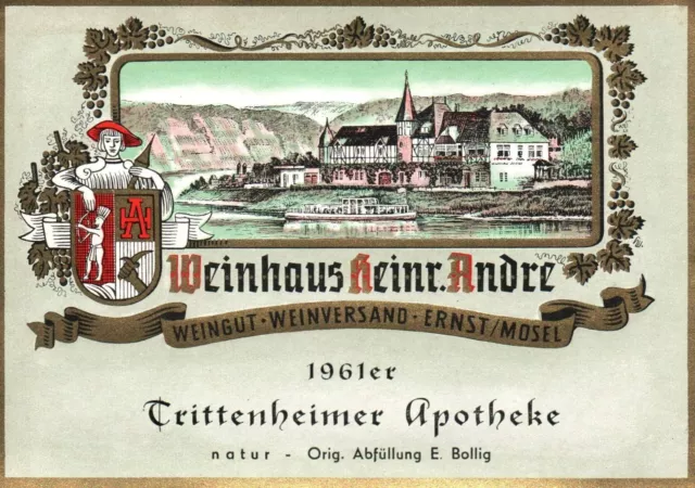 Lovely Church Scene River Weinhaus Heinrich Andre 1961er 1960s German Wine Label