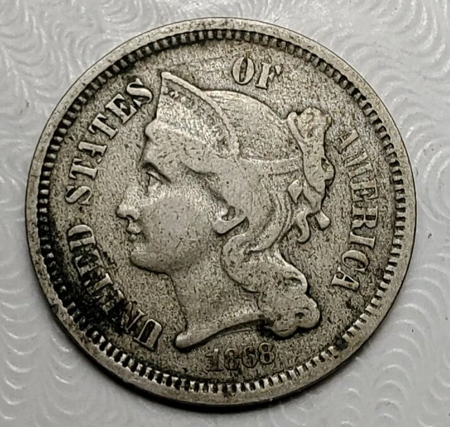 1868 Nickel Three Cents-Km-95-3C-Fine+ Free Usa Ship-3 Cents-Fn+