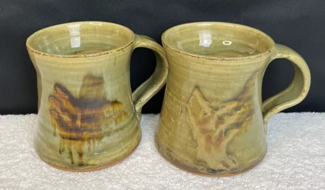 Studio Art Pottery Mugs Stoneware Signed Jon Olive Green/Brown Tankard Set of 2