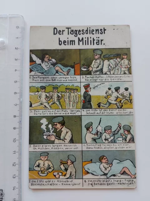 Orig. AK Feldpost 1. WK Der Tagesdienst beim Militär Cartoon Comic gel. 1918