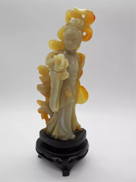 Sublime Sculpture / Figurine Femme Au Lotus & A L' Éventail En Jadéite Chine