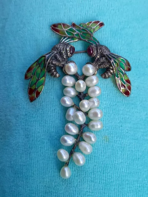 Silver 925 Plique a Jour brooch with freshwater pearls