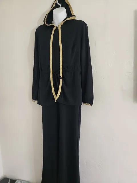 vintage 70's black w gold polyester jumpsuit sz 13 14 disco hood 1970's flare