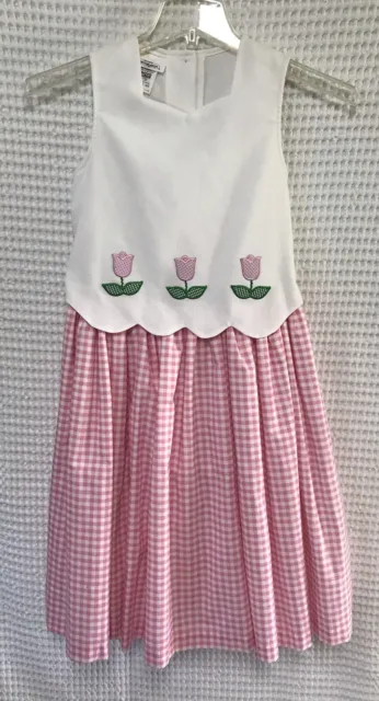 Bonnie Jean Pink Gingham Dress Scallop Bodice Tulips Easter Holiday Vtg Girls 12