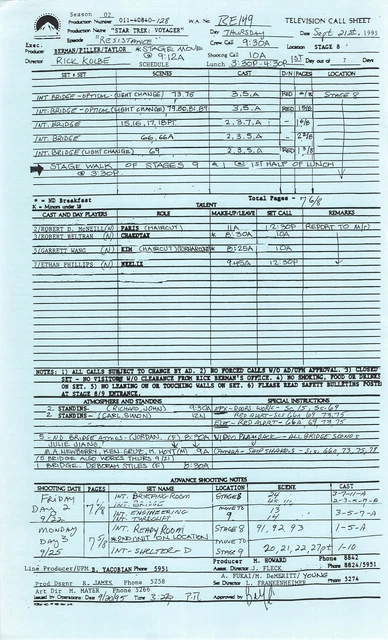 RARE 1995 STAR TREK: TNG call sheet "RESISTANCE" Blue Sept 21st Dir ...
