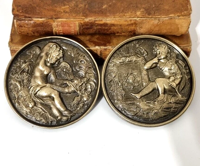 Winged angel cherubin furniture appliques Antique bronze round pediments 3.35 in