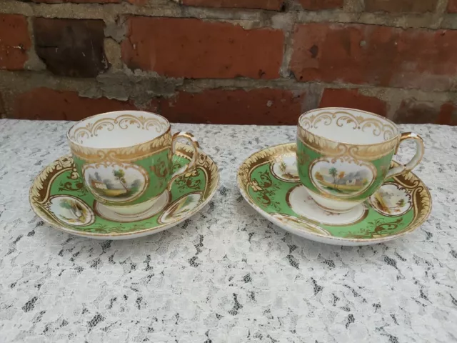 Early 19th Coalport  hand painted Rural scenes  cups and saucers *For Display*