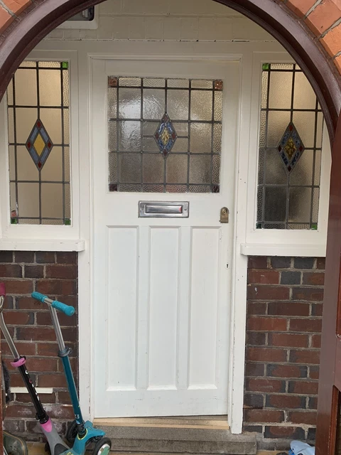1930s stained leaded glass front door With Side Windows 2