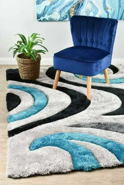 Grey Blue Abstract Plush Modern Rug Large Floor Mat Carpet *FREE DELIVERY*