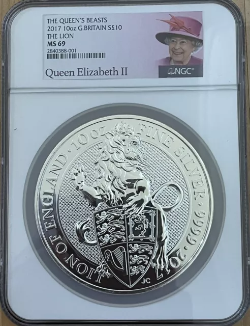 2017 Great Britain Queens Beast 10 oz .999 Silver BU Lion QEII Label NGC MS69