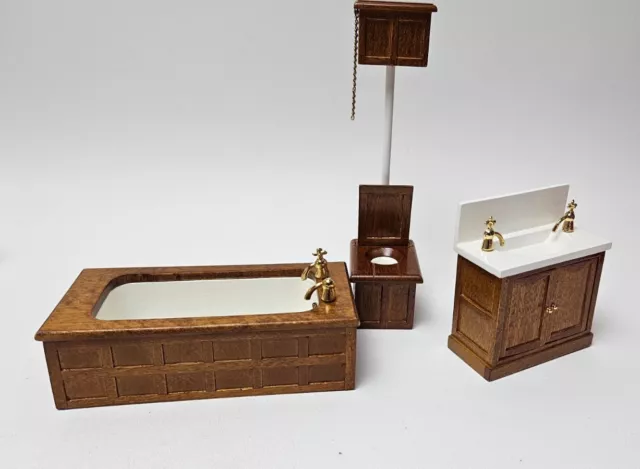 Vintage Minature Dollhouse Wood & Porcelain Bathroom Toilet, Tub, Sink 2