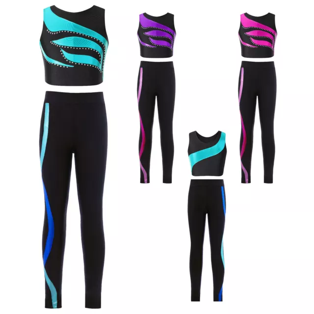 Kids Girls Gymnastics Sports Dance Outfit Tanks Crop Top Leggings Set Sportswear