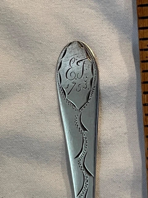 1753 Colonial American 18th century coin silver teaspoon EJ