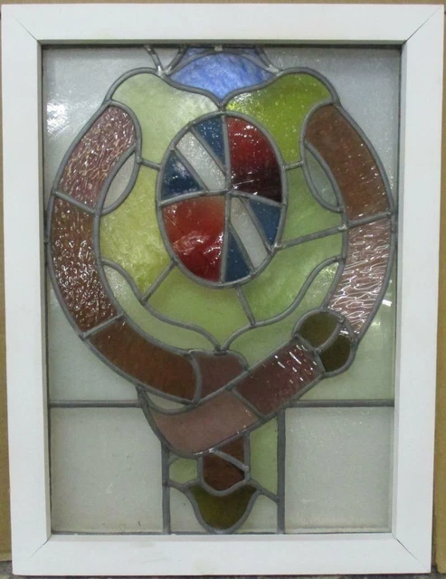 MIDSIZE OLD ENGLISH LEADED STAINED GLASS WINDOW Abstract Shield 17.25" x 23"