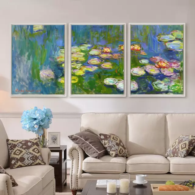 Claude Monet Water Lilies Pink Three Panel Triptych Poster Canvas A0 A1 A2 A3