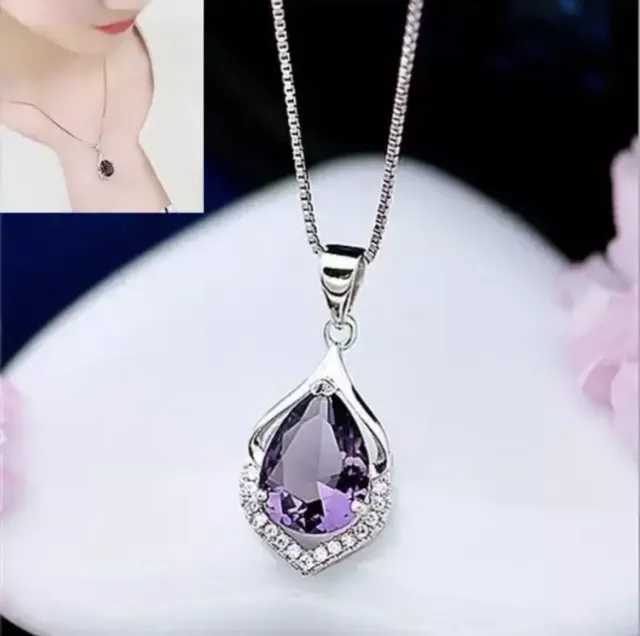 Damen Halskette Amethyst Anhänger Lila Frauen Schmuck Kette 925 Silber Collier