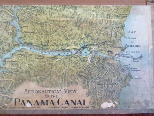 Panama Canal Aeronautical View Map & Info 1911 C.P. Gray tourist souvenir map