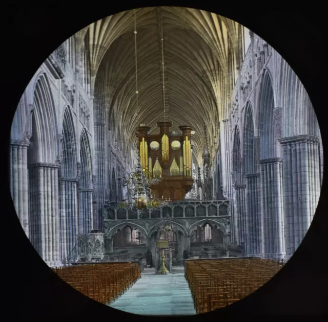 Glass Magic Lantern Slide EXETER CATHEDRAL INTERIOR C1889 VICTORIAN PHOTO DEVON