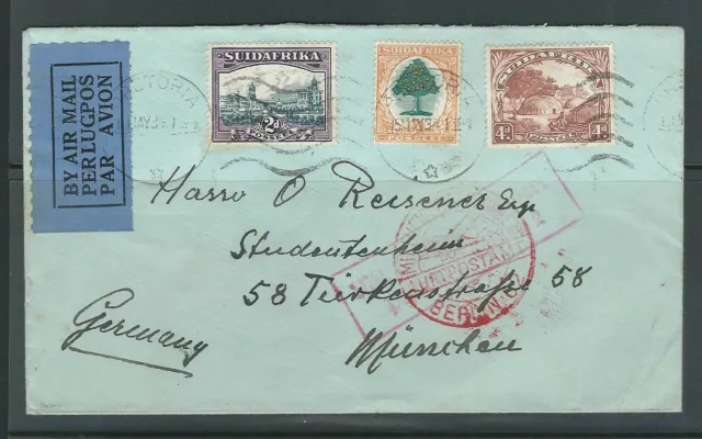 SOUTH AFRICA 1934 AIRMAIL cover PRETORIA to GERMANY unusual cancel