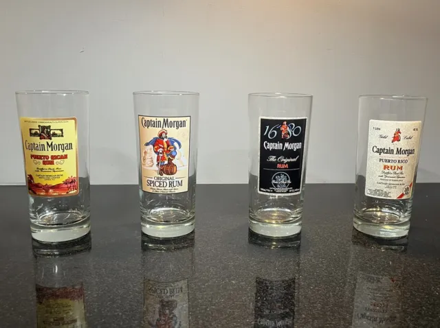 Captain Morgan Rum Official Bar Crew Gear 15 oz High Ball Glass 4-Set 6 1/4 In.