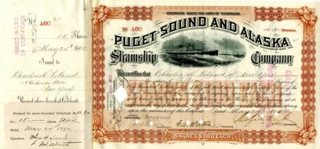 Puget Sound and Alaska Steamship Co. signed by Charles H. Leland and Colgate Hoy