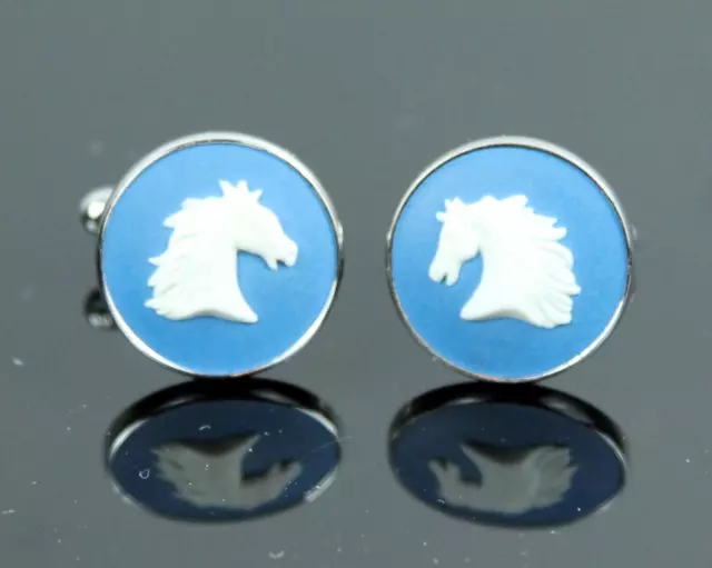 Vtg WEDGWOOD England Silver Jasperware Equestrian Horse Head Design Cufflinks