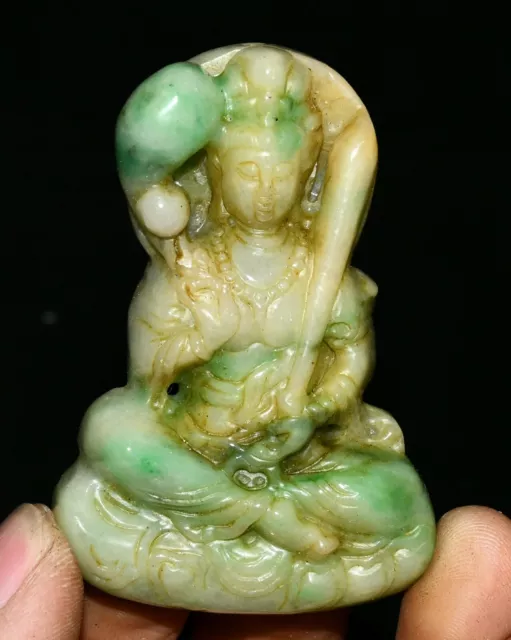 6.5CM Old Natural Jadeite Emerald Take Sword Kwan-yin Guanyin Amulet Pendant