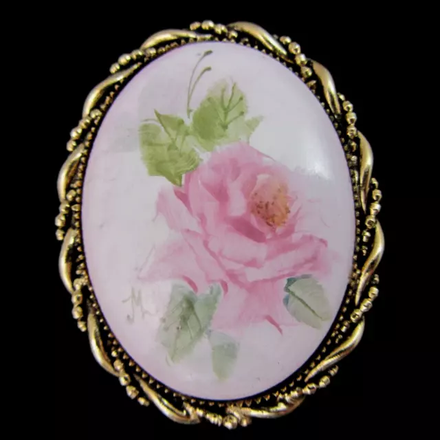 Vintage Hand Painted Rose on Porcelain China Brooch Pin by Margaret Lerman