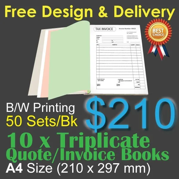 10 x A4 Customised Printed Triplicate QUOTE / Tax INVOICE Books+Free Design&Post