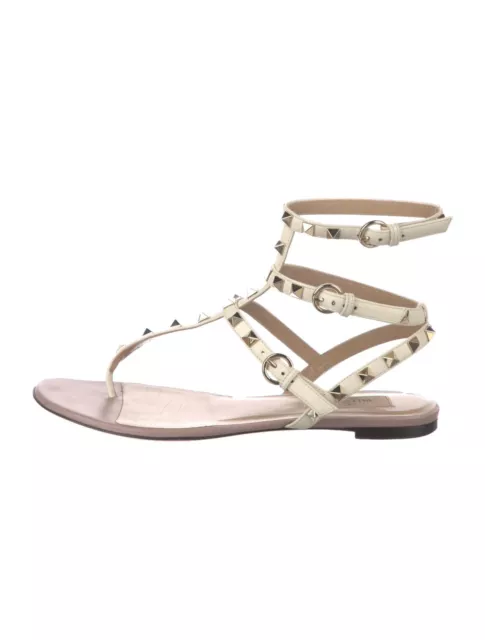 Valentino Garavani White Poudre Leather Rockstud Caged Ankle Strap Sandals 37.5