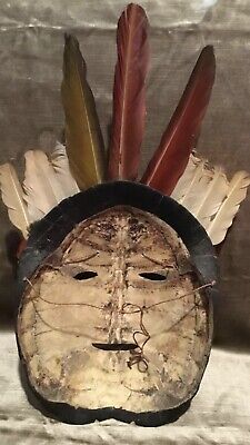 Antique Tribal Mask Turtle Shell , Colourful Feathers ,And Tooth Earrings Aztek? 2