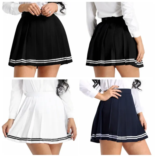 Women Japanese School Girl Tennis Pleated Mini Skirt High Waisted Skater Skirts