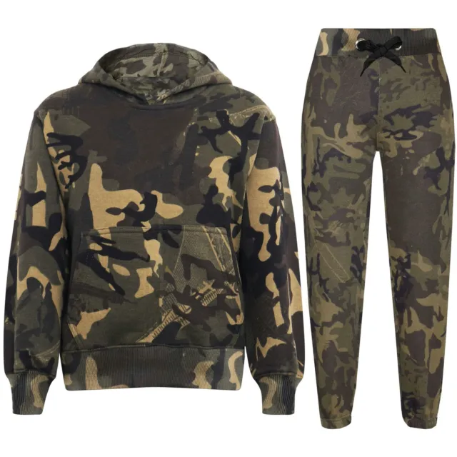 Kids Girls Boys Hooded Hoodie Camouflage Green Tracksuit Jogging Suit Joggers