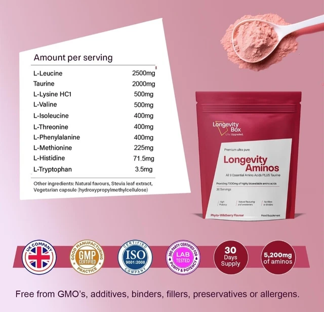 LONGEVITY BOX AMINO Acids 7000mg of Highly Bioavailable Ultra Pure 30