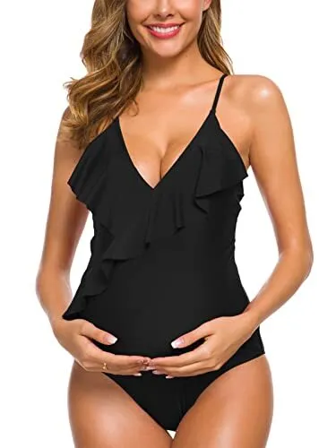 Women Off Shoulder Maternity Swimsuits Flounce Floral One Piece