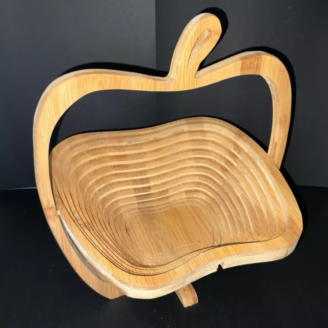 Apple Shaped Folding Collapsible Wooden Basket Fruit Bowl Trivet Country Décor