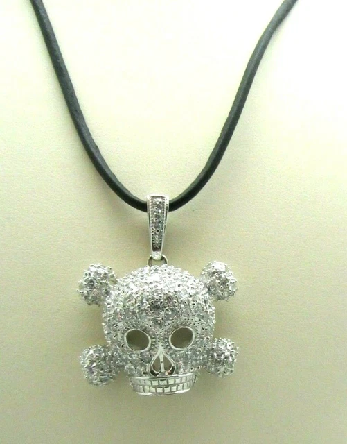 Sterling Silver .925 Crystal Ziconite Skull Crossbones Necklace Leather Cord New