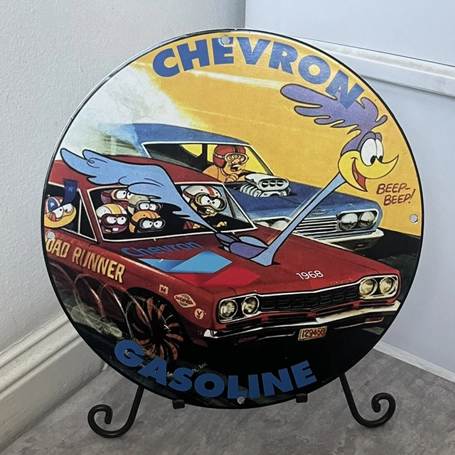 Vintage Chevron Gasoline Porcelain Sign Gas Oil Station Road Runner Motor Pump