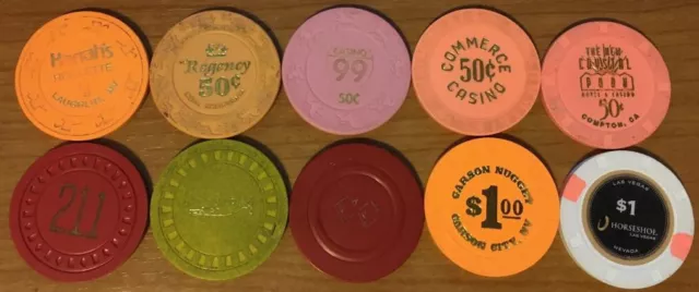 10 Different Casino Chips From Casinos Around The Usa-Various Denominations!