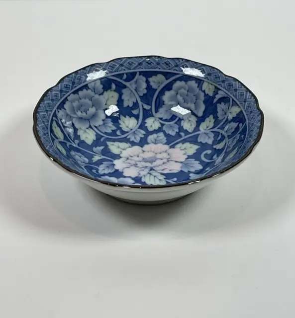 Japanese Porcelain Small Fluted Blue Dish 11cm With Pink Flower Design Signed